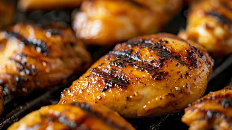 Side view of succulent grilled chicken served with fresh herbs.