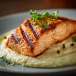 Prato gourmet de salmão grelhado ao lado de purê de couve-flor com azeite trufado.