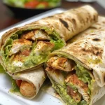 Foto lateral de um wrap de frango, mostrando ingredientes frescos como abacate e alface.