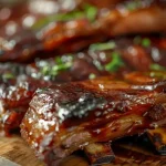 Detailed image of Costelinha suína na pressão, featuring glistening meat and vibrant vegetables.