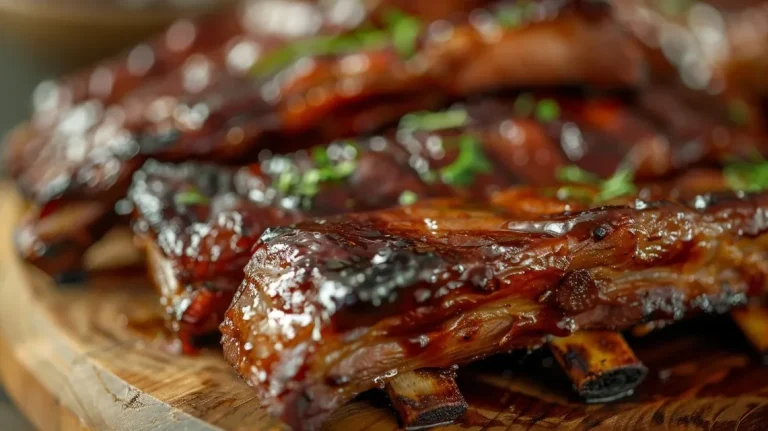 Detailed image of Costelinha suína na pressão, featuring glistening meat and vibrant vegetables.