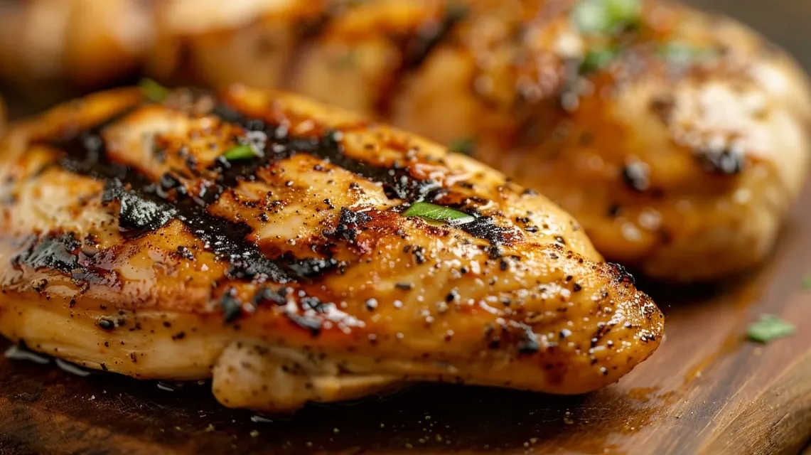 Mouthwatering grilled chicken breasts decorated with lemon slices.