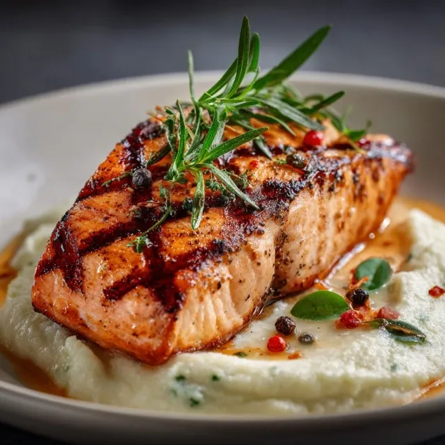 Porção de salmão grelhado com um cremoso purê de couve-flor trufado em destaque.