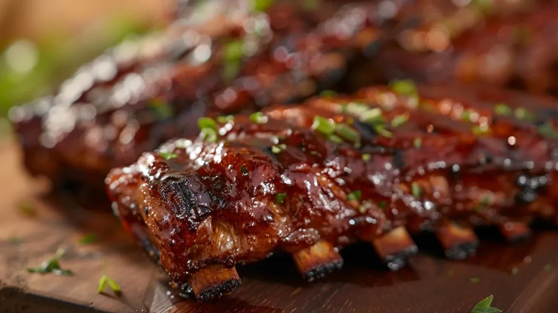 Close-up shot of a dish of Costelinha suína na pressão, displaying its mouthwatering texture and aromas.