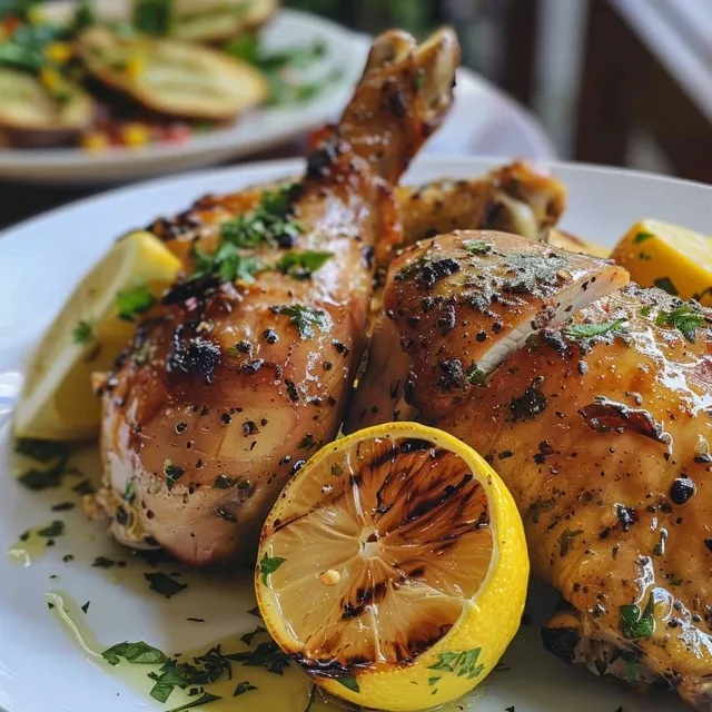 Frango assado suculento com alho e limão servido em uma mesa.