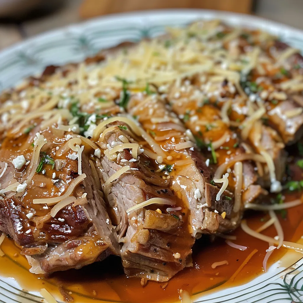 Detalhe suculento de almôndegas ao molho com queijo, decoradas com salsinha.