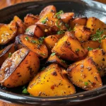 Prato de batatas assadas, decoradas com alecrim e tomilho.