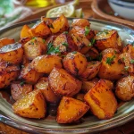 Batatas novas assadas com cor dourado e ervas frescas.
