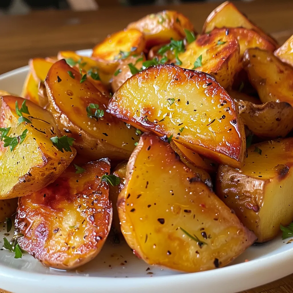 Imagem de batatas assadas com alho e alecrim, apresentadas em uma travessa.