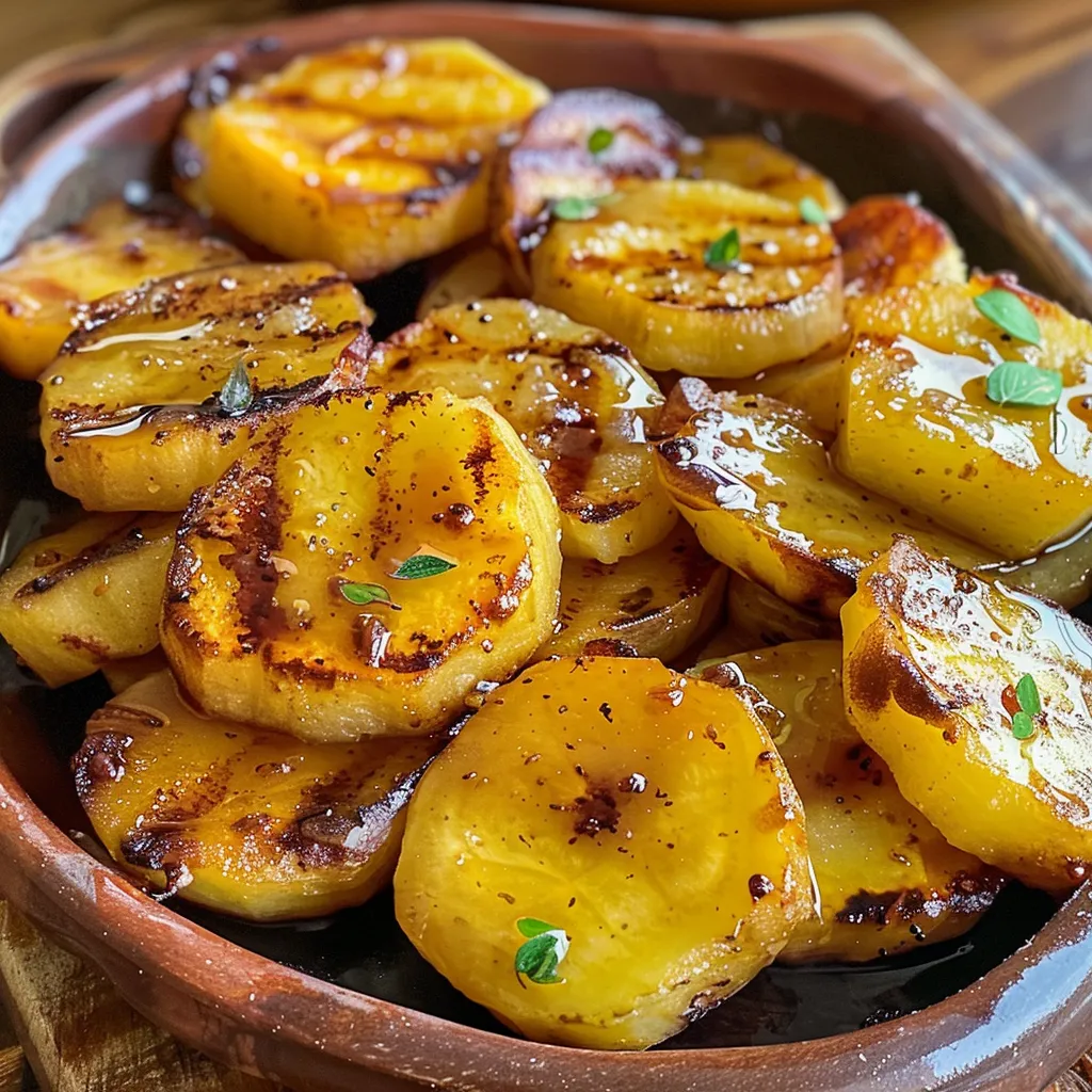 Detailed close-up of caramel-coated sweet potatoes, showcasing their rich color.
