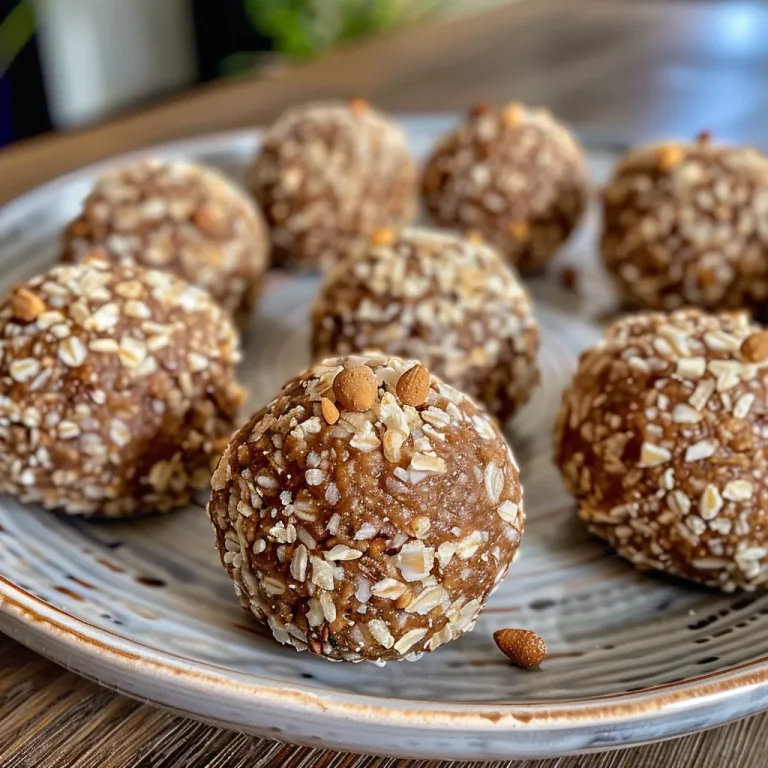 Vista lateral de bolinhas energéticas de aveia e manteiga de amendoim em um prato.