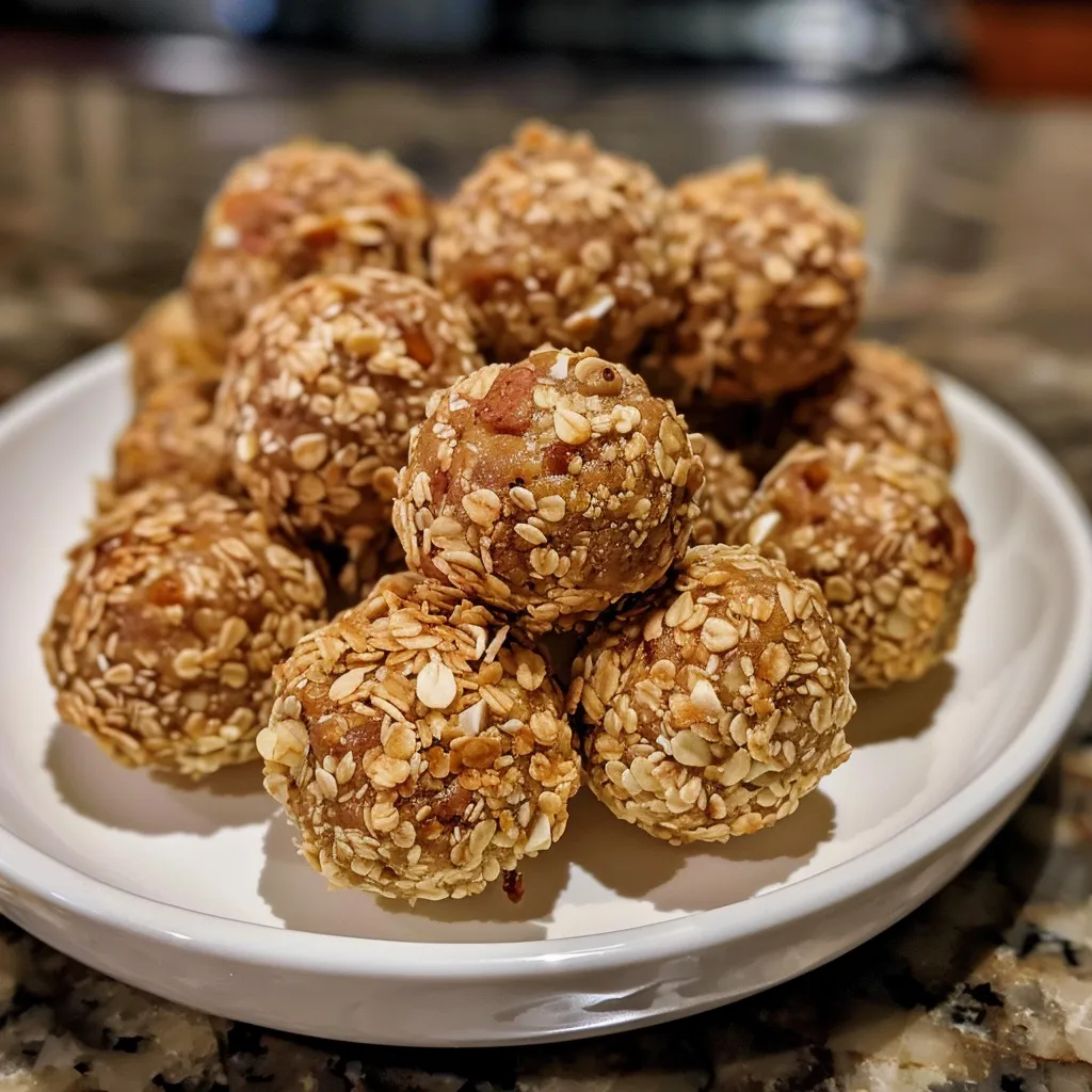 Bolinhas energéticas de aveia com um fundo desfocado, destacando a textura.