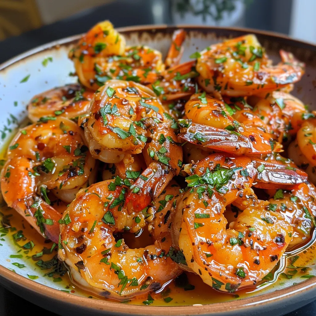 Appetizing close-up of Camarão ao alho e óleo, showcasing shiny, golden shrimp.