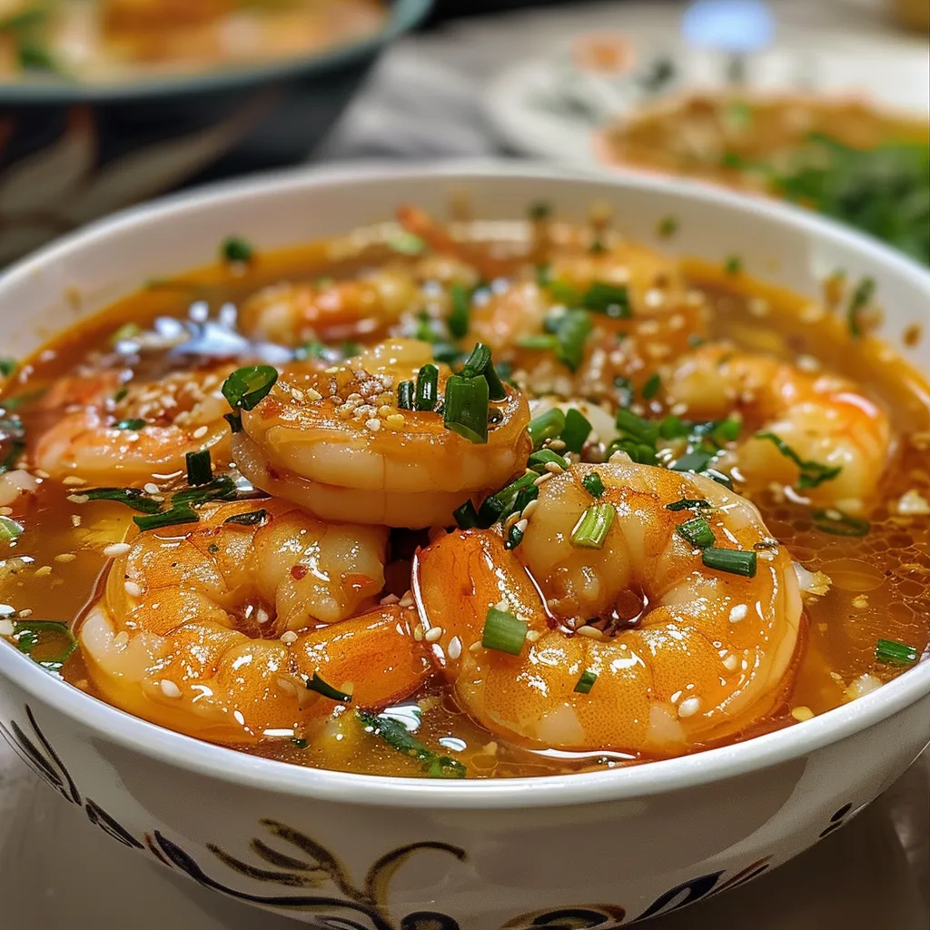 Delicious Camarão ao Molho Asiático presented on a white plate with colorful toppings.