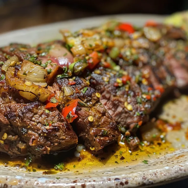 Juicy Carne Assada displayed with colorful bell peppers and onions, highlighting freshness.