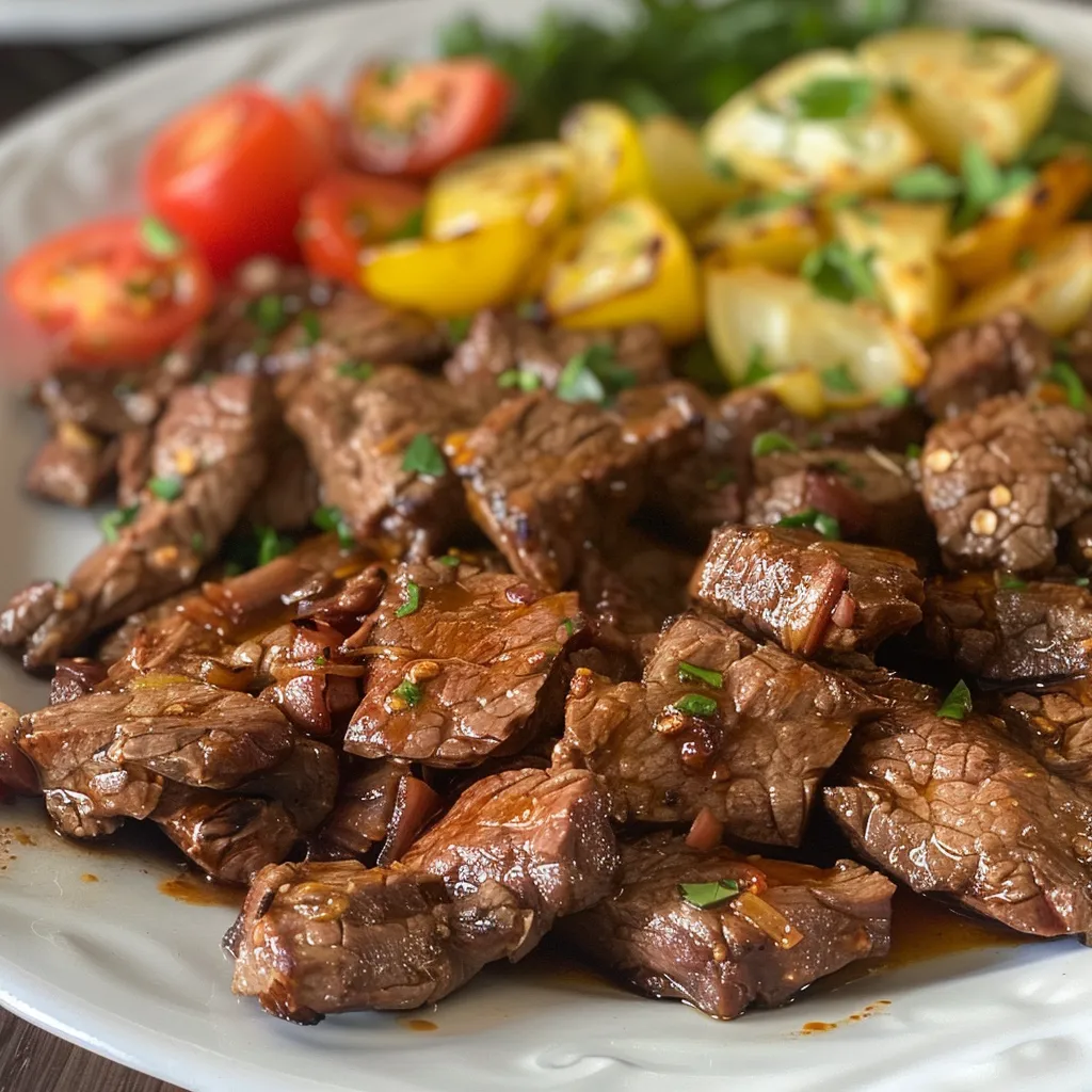 A tantalizing plate of Carne Assada accompanied by green olives and sautéed vegetables.