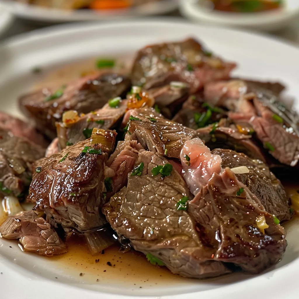Carne assada na cerveja em foco, com especiarias ao redor.