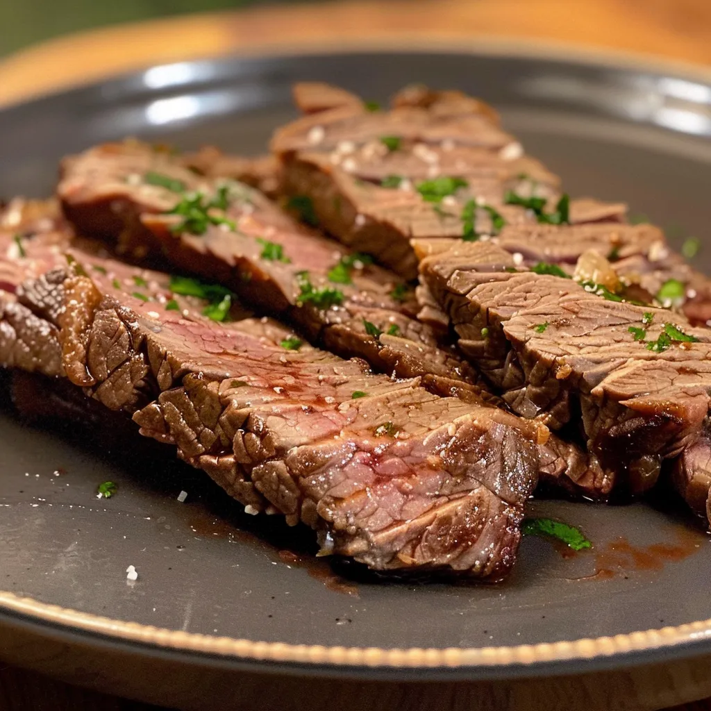 Prato de carne assada suculenta, cercada por legumes frescos e ervas.