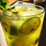 Detailed image of a vibrant cocktail featuring gin, mint leaves, and lemon juice.