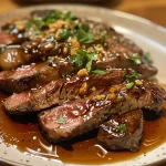 Detalhe de um bife Crying Tiger, mostrando a textura e os ingredientes.