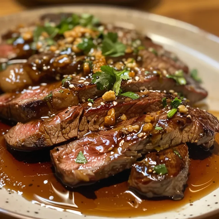 Detalhe de um bife Crying Tiger, mostrando a textura e os ingredientes.