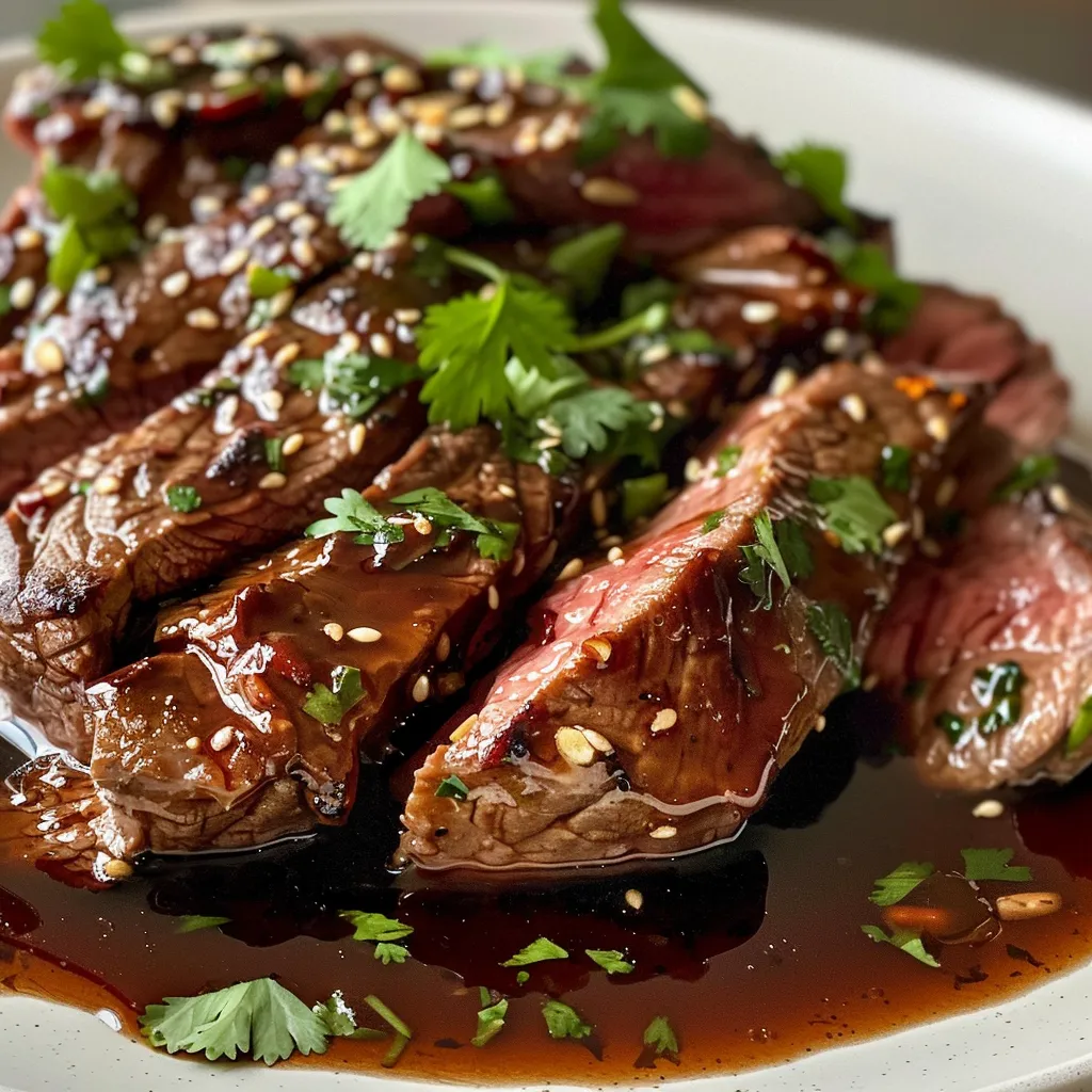 Bife suculento em vista lateral, com ervas frescas e molho.