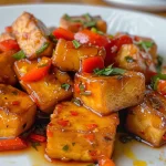 Tofu marinado espetado com abobrinha, pimentões e cebola roxa.