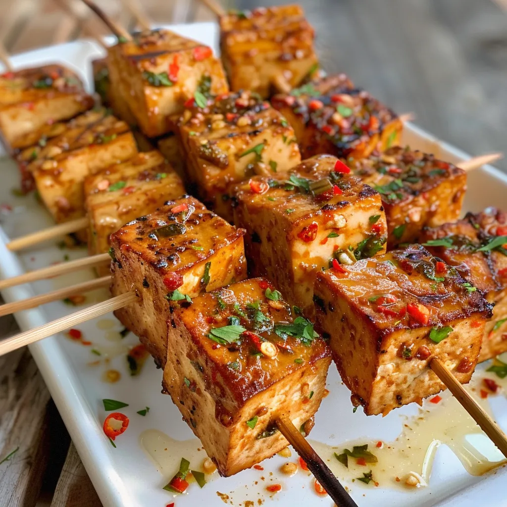 Espetinhos vegetarianos com tofu e legumes variados prontos para servir.