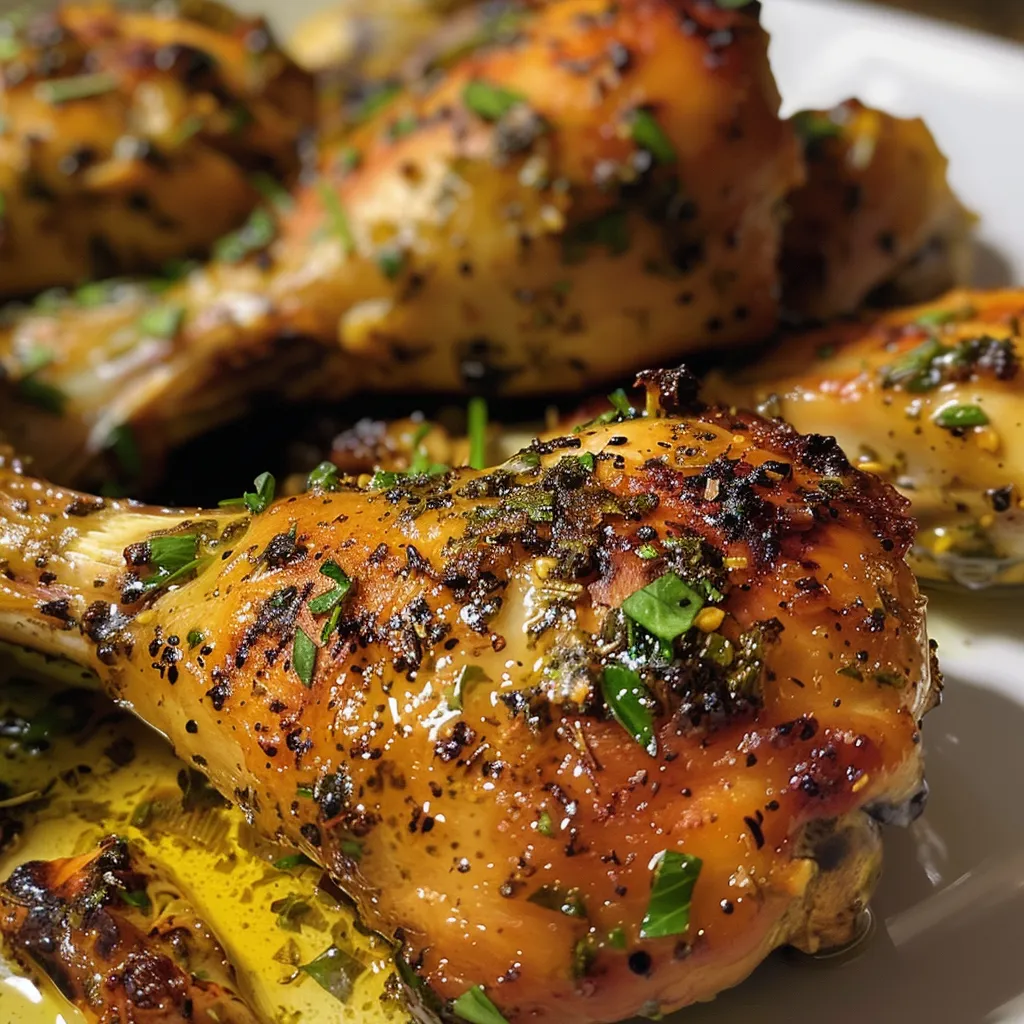 Frango assado presented elegantly with lemon slices and seasonings.