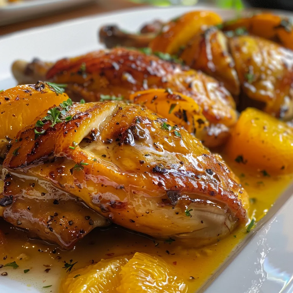 Imagem detalhada do frango assado com laranja e alecrim, mostrando o brilho da pele crocante.