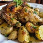 Frango inteiro assado, decorado com rodelas de limão-siciliano e ervas.