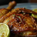Frango assado ao estilo brasileiro, mostrando brilho e sabor, com ervas frescas.