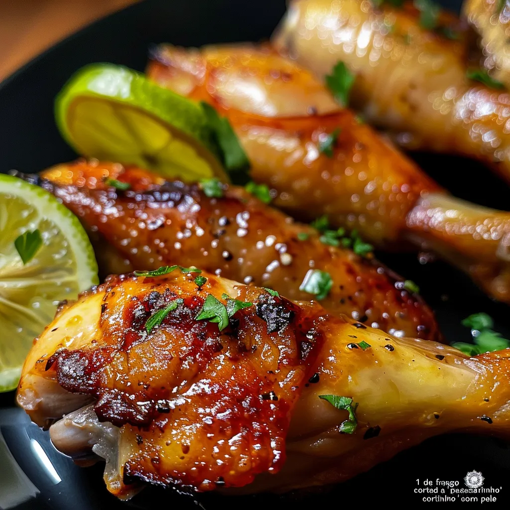 Vista lateral do frango assado, com alho e limões, pronto para servir.