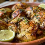 O frango marinado é mostrado ao lado de gomos de limão fresco.