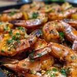 Prato de gambas assadas com alho, molho de azeite e coentros.