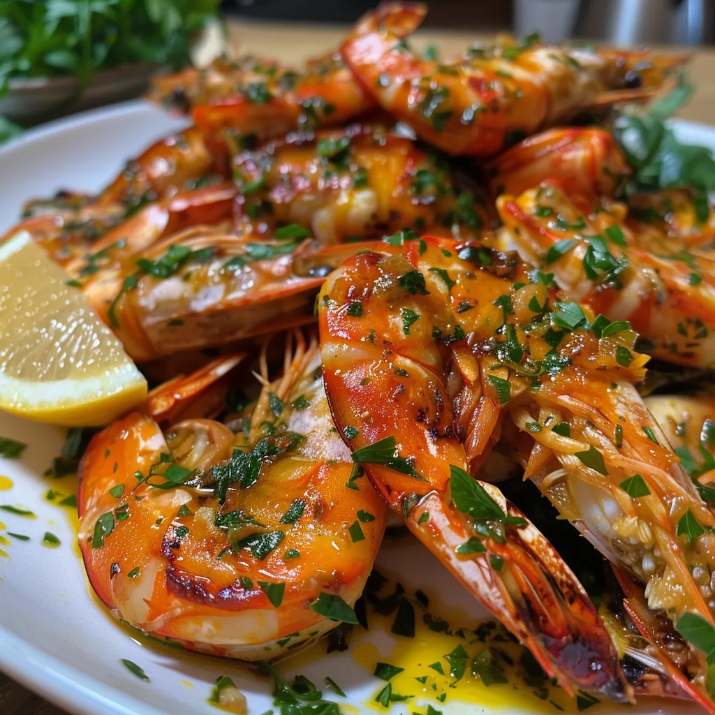 Gambas no forno com ingredientes frescos, destacando a textura suculenta.