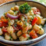 Legumes frescos incluindo tomates cereja, alho e pimento em destaque.