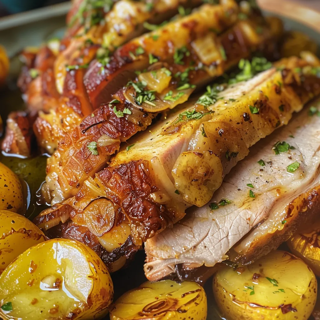 Juicy Lombo Dourado com Abacaxi on a plate, with visible glaze and pineapple garnish.