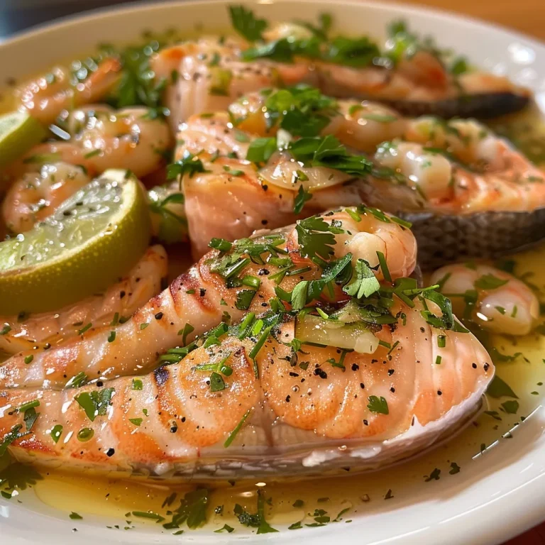 Close-up de lombos de salmão com camarões e temperos frescos.