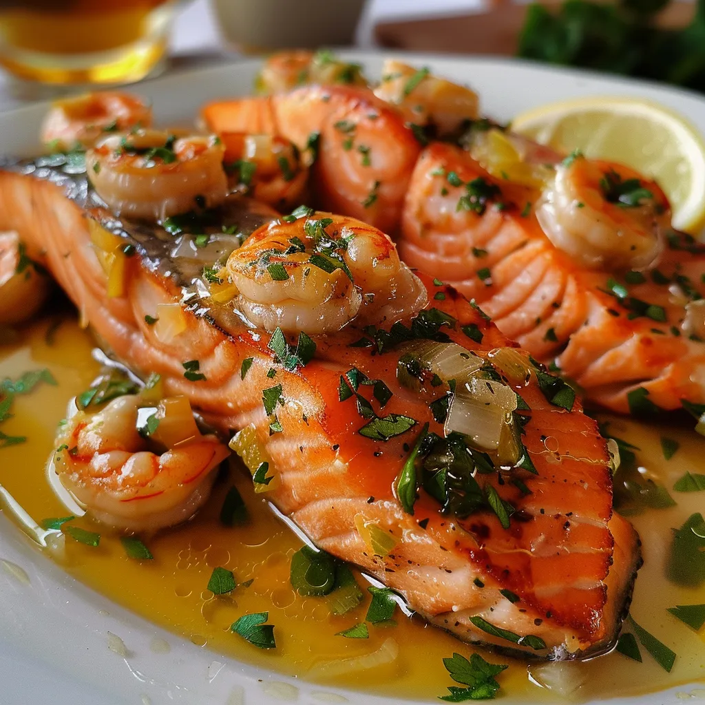 Porção de lombos de salmão ao lado de camarões, decorados com salsa.