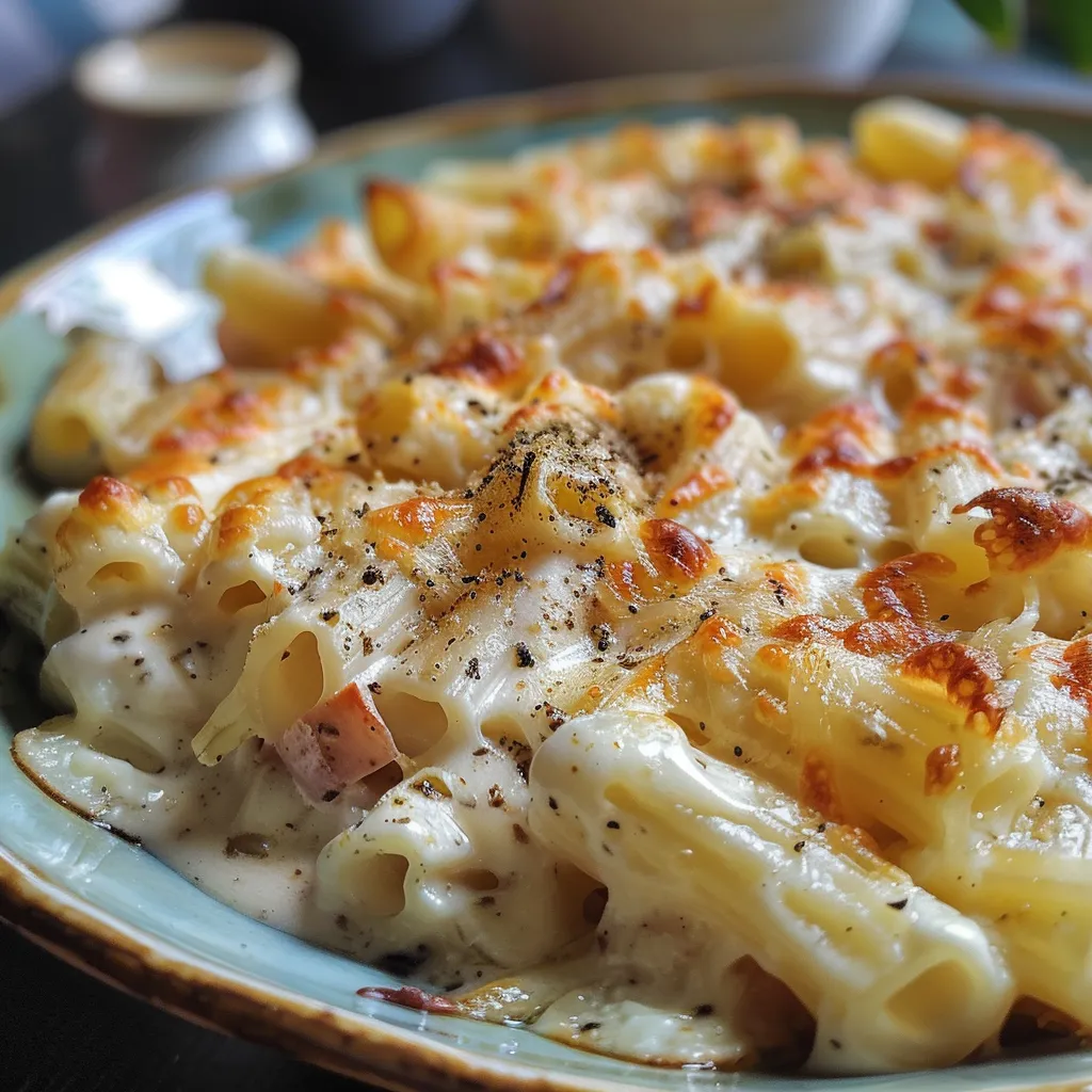 Detailed look at Macarrão ao molho branco with visible ingredients like cheese and herbs.