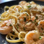 Juicy shrimp and pasta dish, presented in a close-up photo with herbs and garlic.