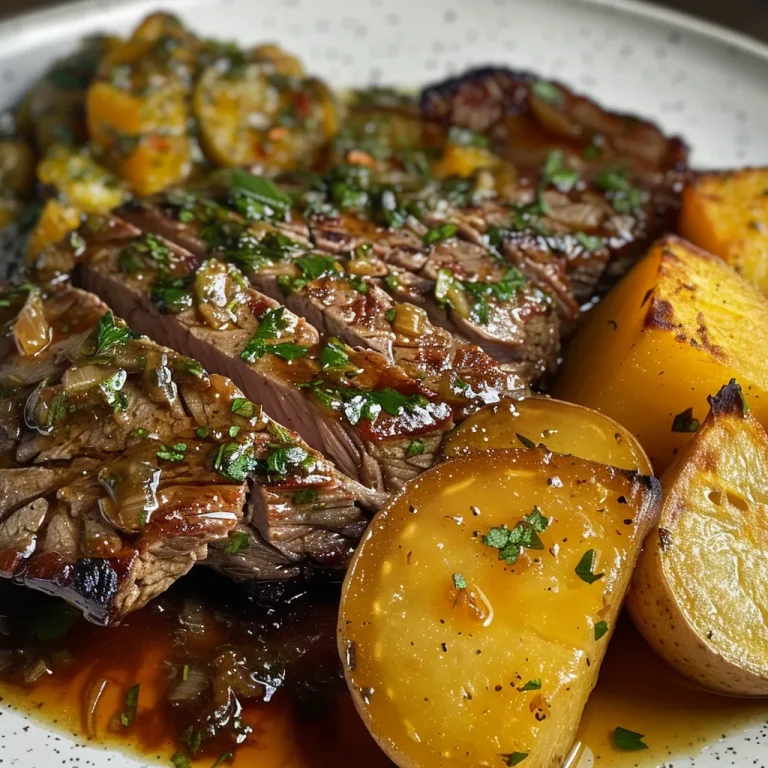 Vista lateral de uma deliciosa maminha assada acompanhada de batatas e temperos.