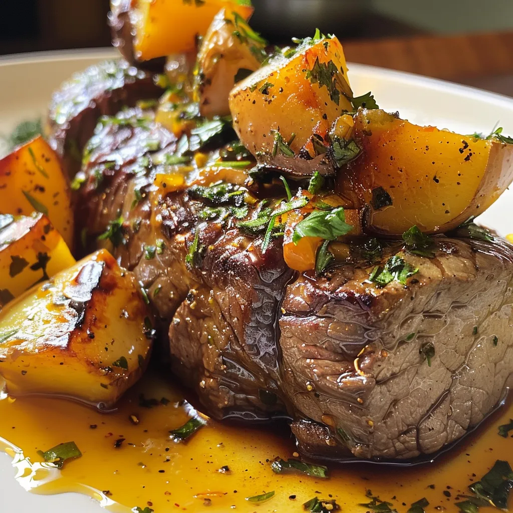 Imagem de prato de maminha assada com batatas e cebola, decorado com alecrim.