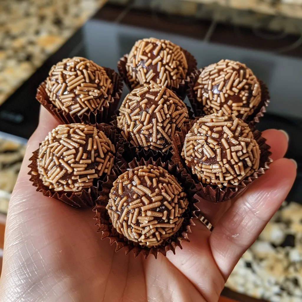 Detailed shot of a chocolate brigadeiro ready to be enjoyed.