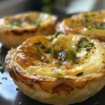Mini quiche de queijo com uma crosta crocante e recheio derretido, em foco.