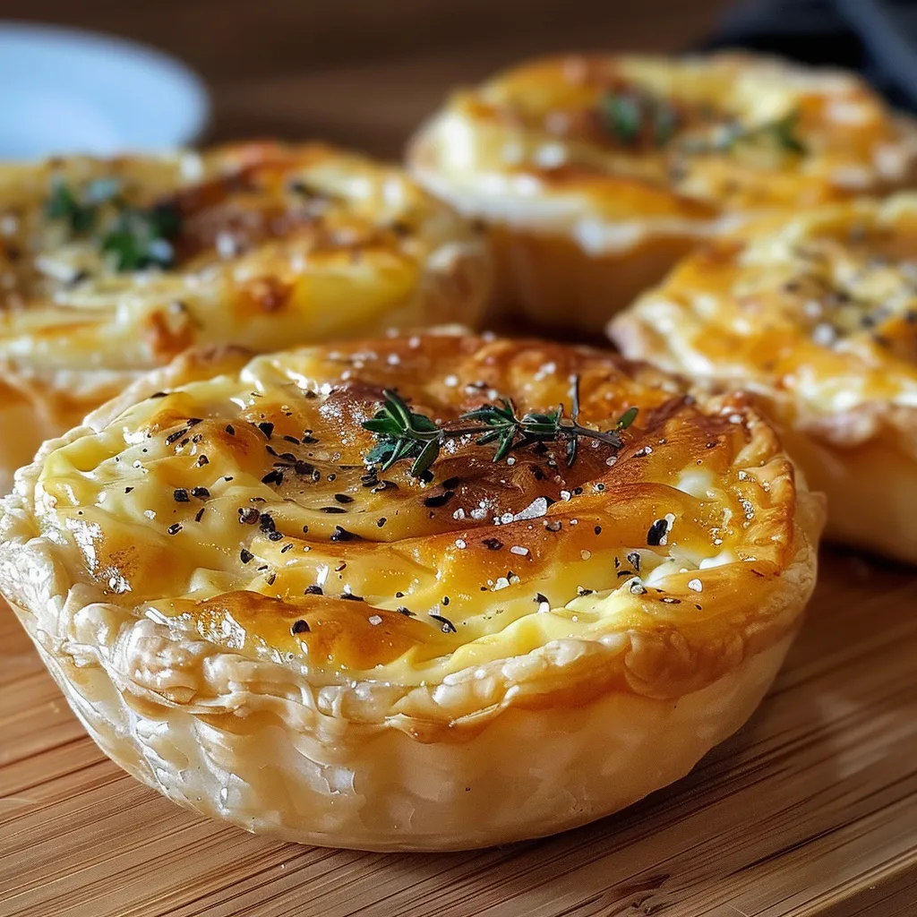 Detalhe de uma mini quiche de queijo, revelando o queijo derretido e a crosta.