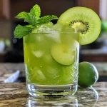 Bright green drink with mint leaves and kiwi puree, served over ice.