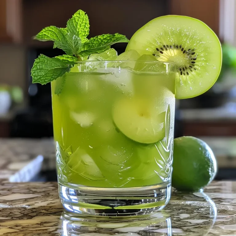 Bright green drink with mint leaves and kiwi puree, served over ice.