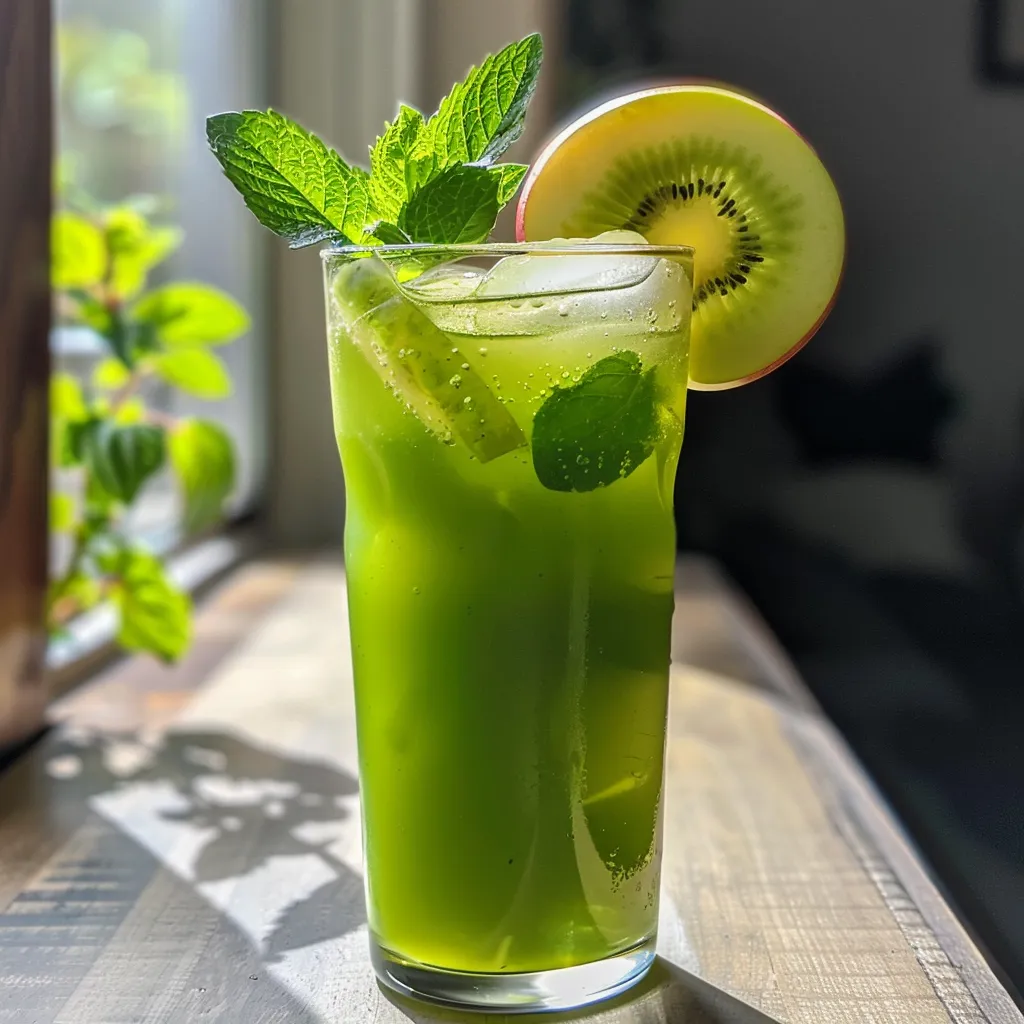Juicy green beverage decorated with a mint sprig and apple slice.